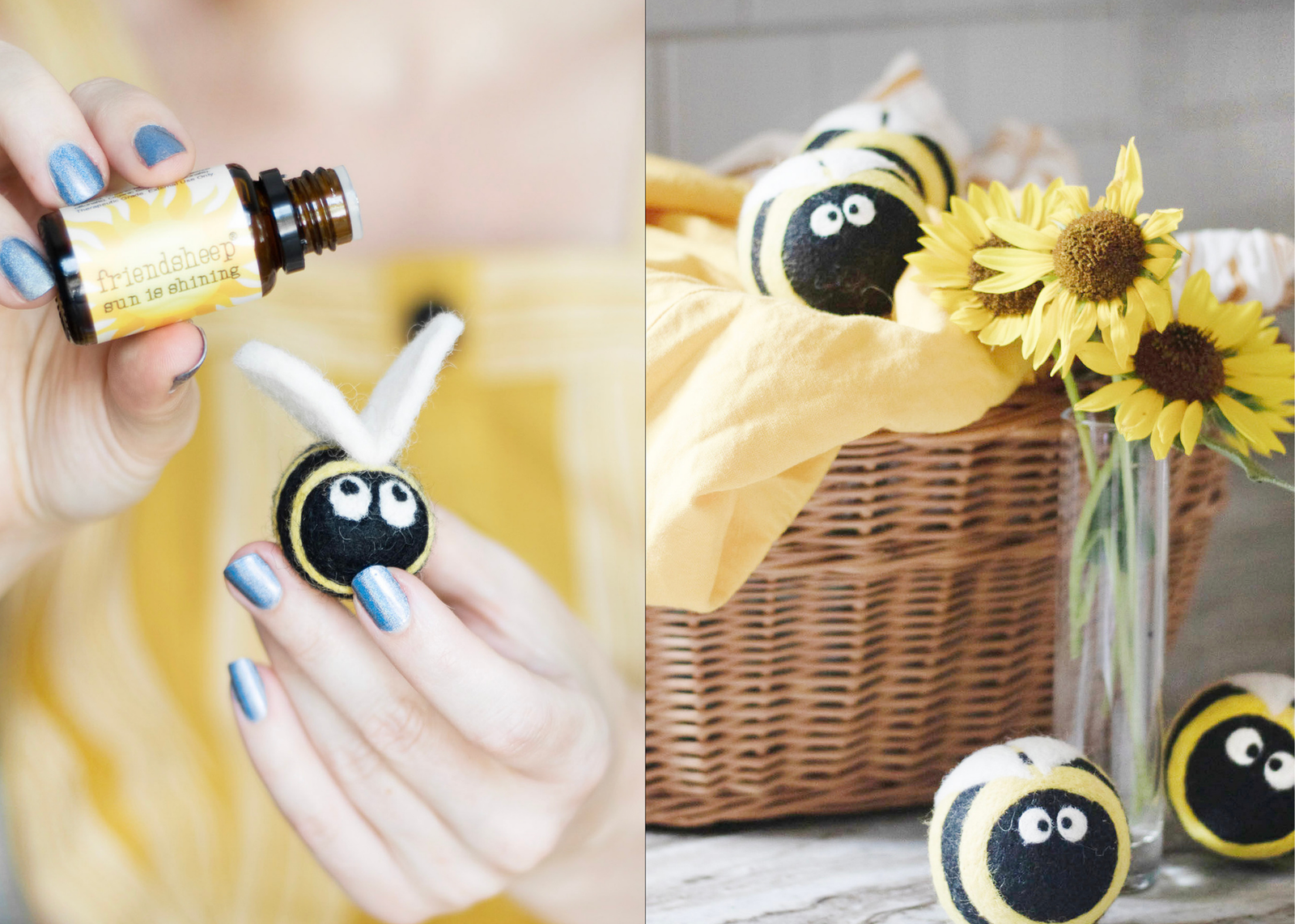 Collage of two images: on the left a hand drops essential oil on a bee eco freshener. On the right, a laundry basket with black, yellow and white bee dryer balls.