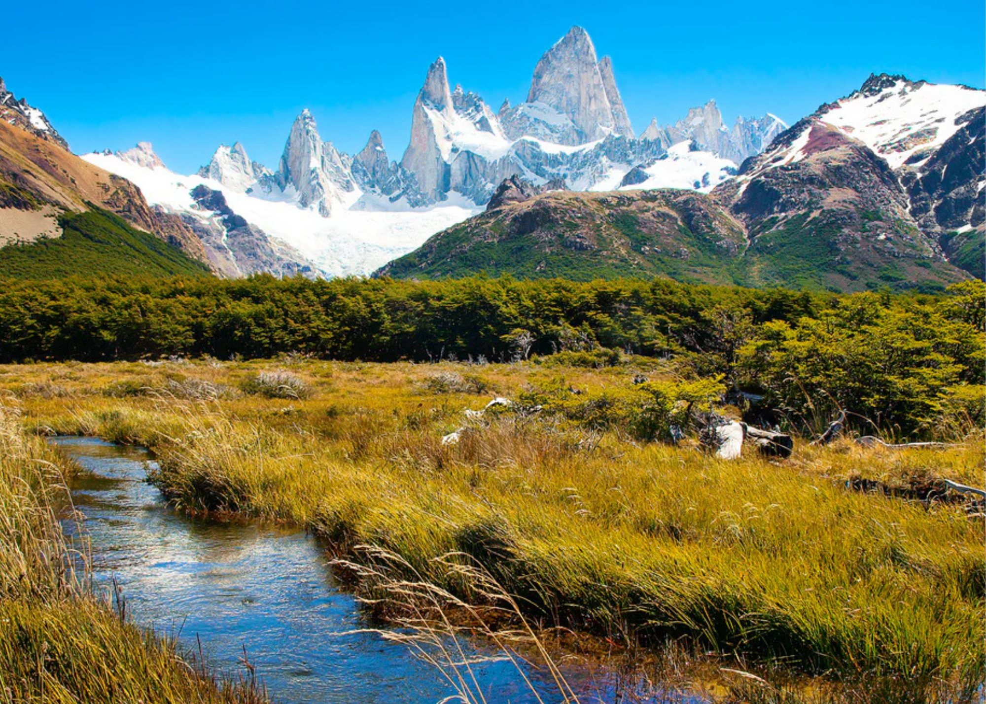 a beautiful landscape of a running creek, grass, and mountains in the background