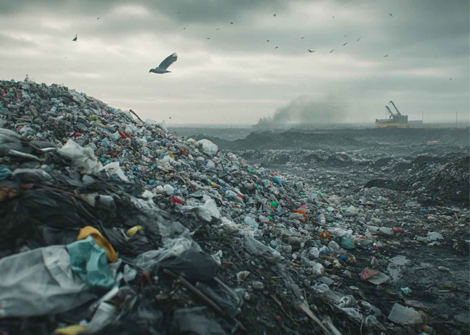 a gloomy landscape of a landfill filled with plastic waste