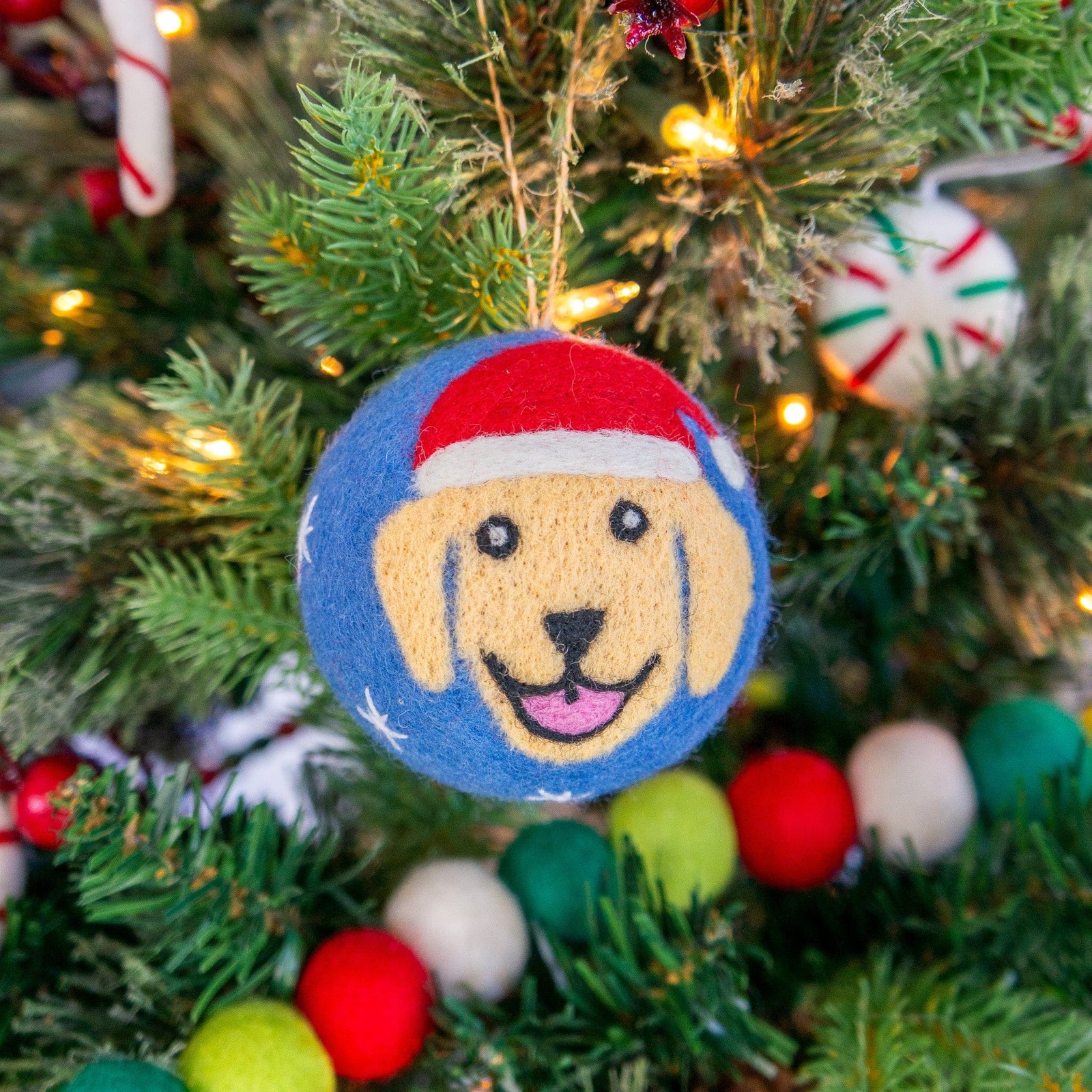 Friendsheep Yellow Blue Jolly Dog Eco Ornament - Limited Santa's Hat Edition