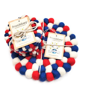 Friendsheep Coaster Set of 5 - 4x Eco Coasters + Eco Trivet Red White and Blue Eco Coasters