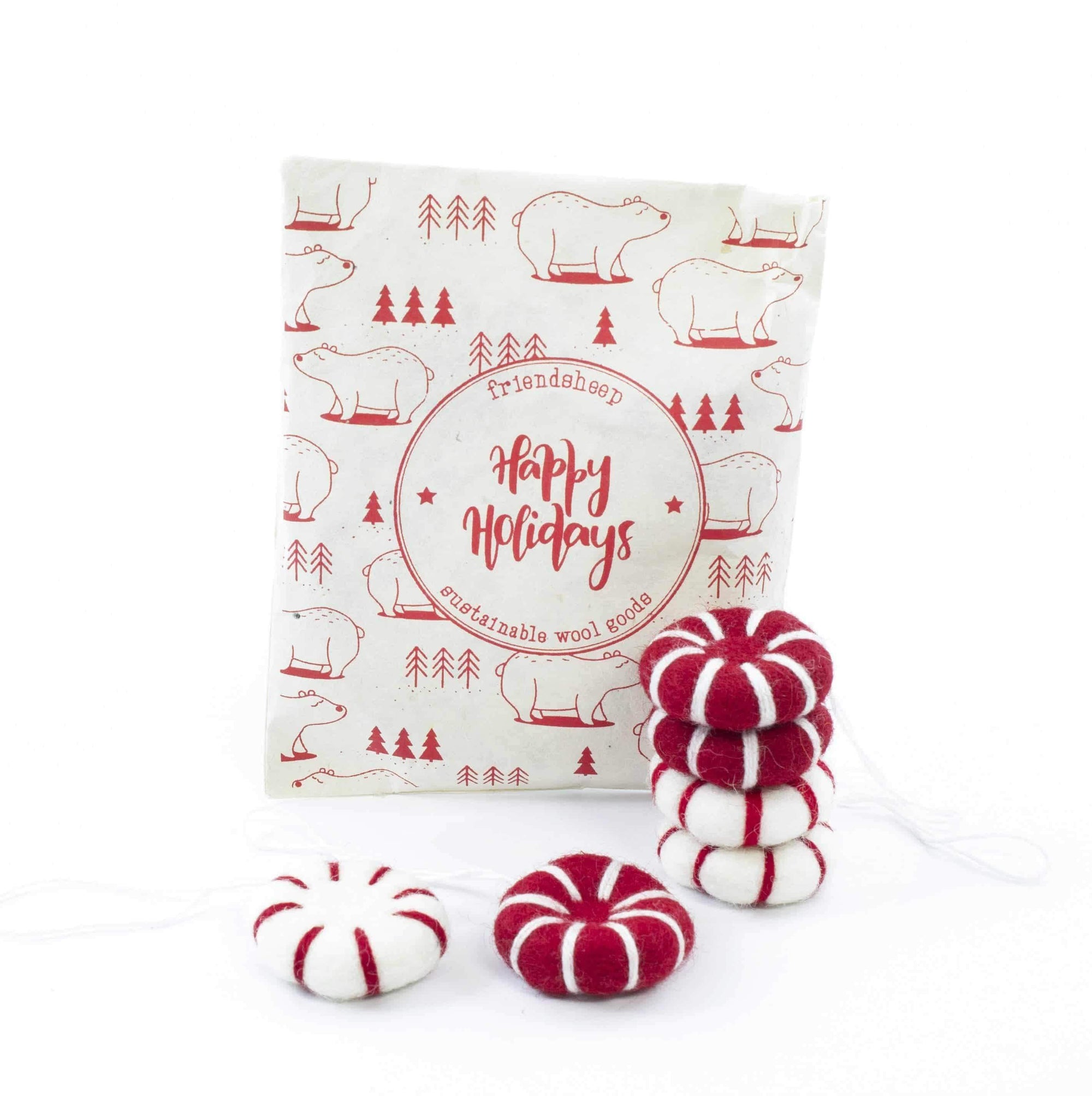 Friendsheep Sustainable Wool Goods set of 6 Peppermint Eco Fresheners Ornaments - Reds