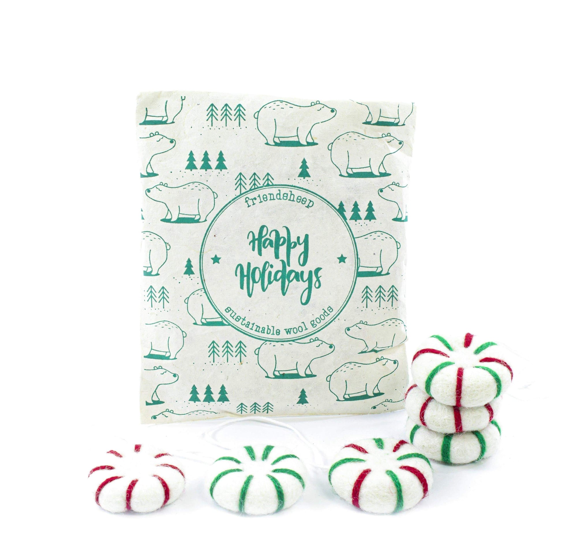 Friendsheep Sustainable Wool Goods set of 6 Peppermint Eco Fresheners Ornaments - Whites - Set of 6